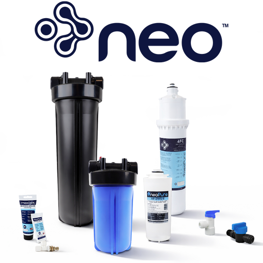 Collection of water filters and components with 'neo' branding on a white background