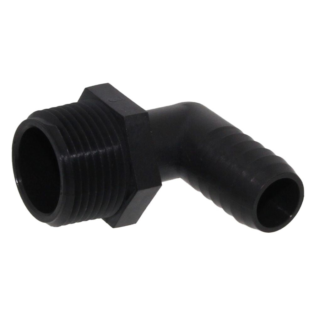Male Elbow Barb x Male NPT - 1/2" HB x 1" MNPT - Black Polypropylene