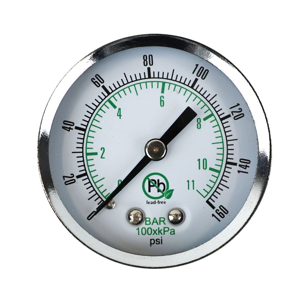 Water Pressure Gauge 160 PSI, 1/4" MPT, 2.0" Glass Dial, Center Mount, Black Steel Case