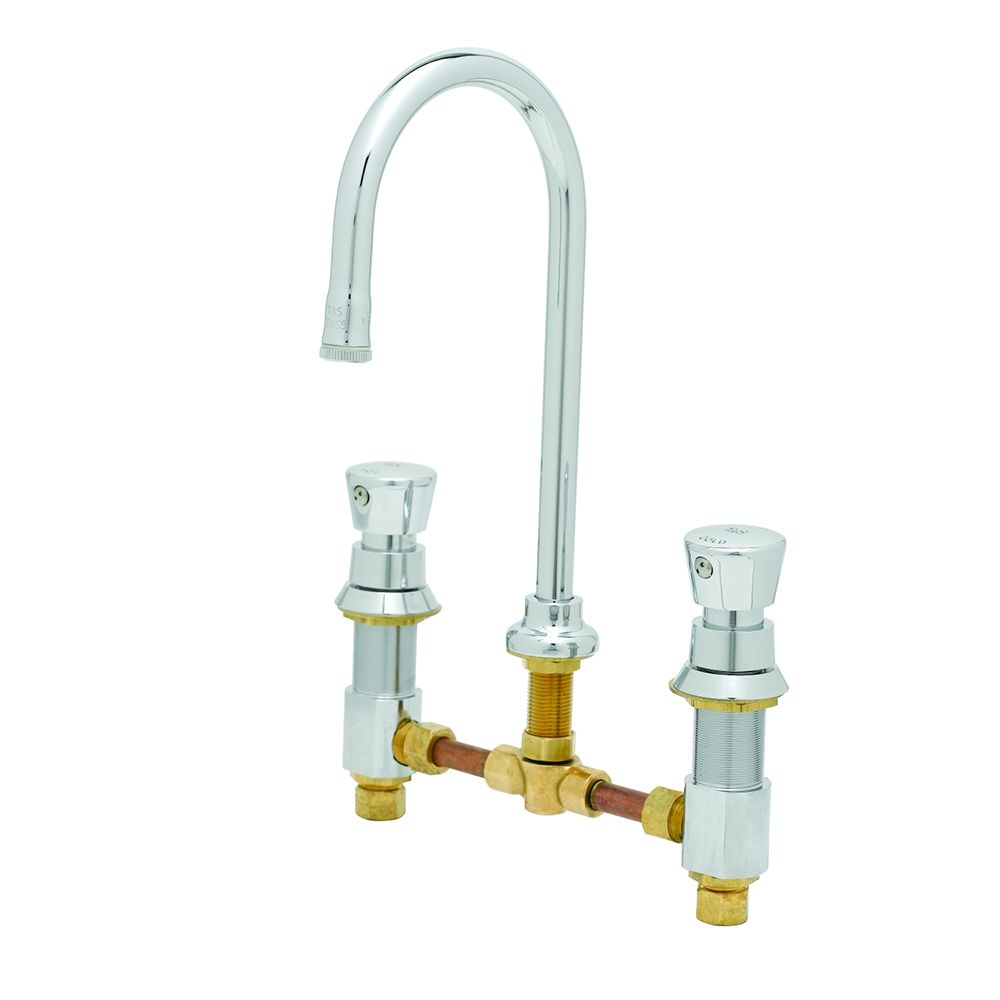 T&S Brass B-2820 Deck Mount EasyInstall Faucet with Concealed Body, Push Button Metering Handles, Rigid Gooseck, 6" Centers