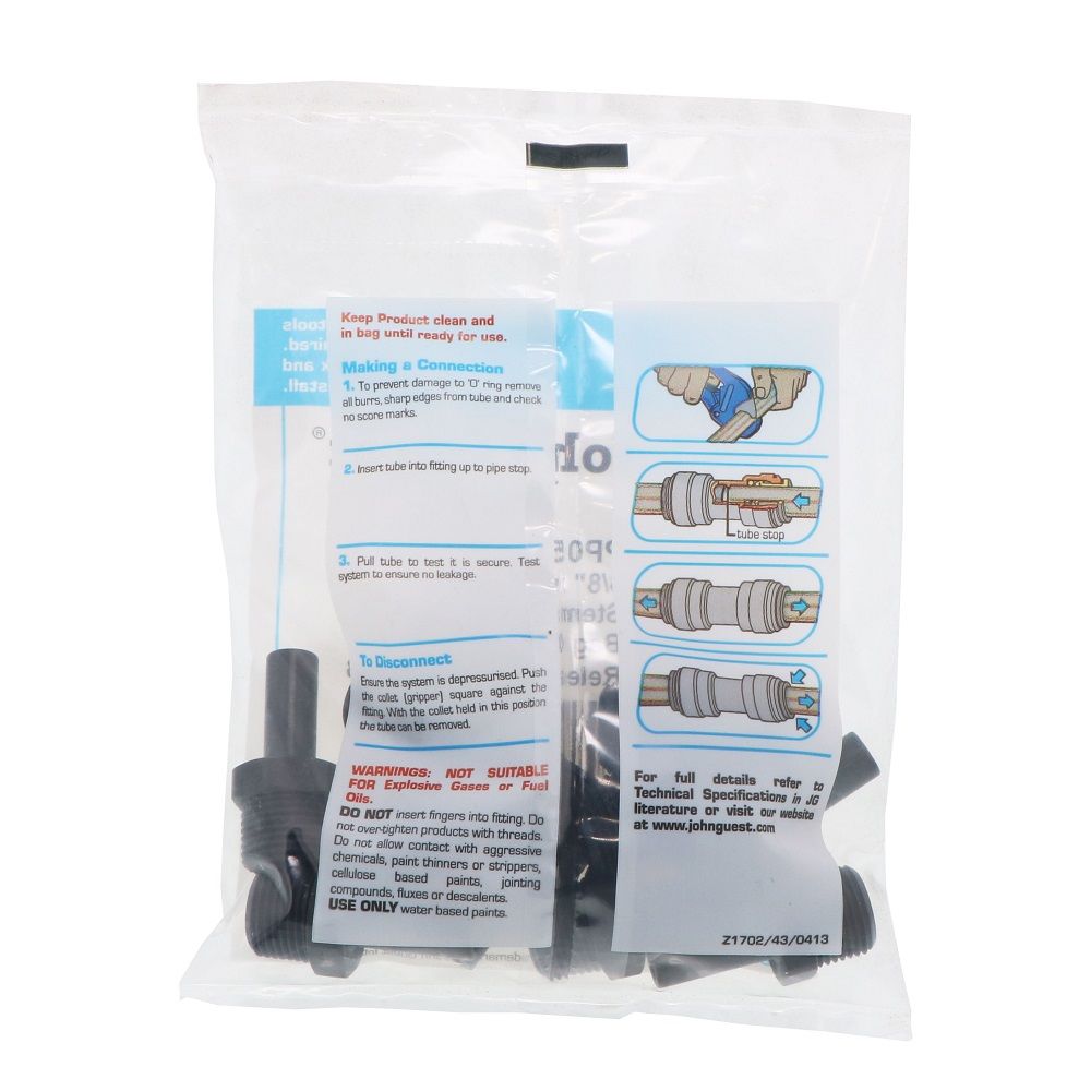 John Guest Stem Adapter Black Polypropylene - 3/8 x 3/8 NPTF