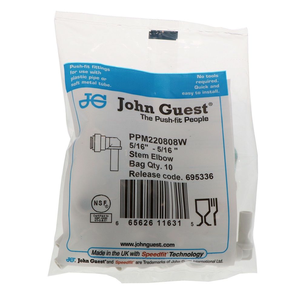 John Guest Stem Elbow Connector Polypro - 5/16 Stem x 5/16