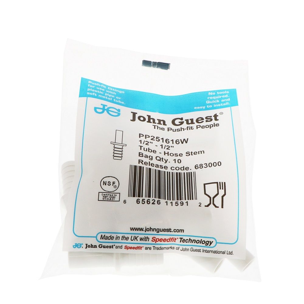 John Guest Stem Polypro Tube to Hose Stem Connector - 1/2 OD Stem x 1/2 ID Barb