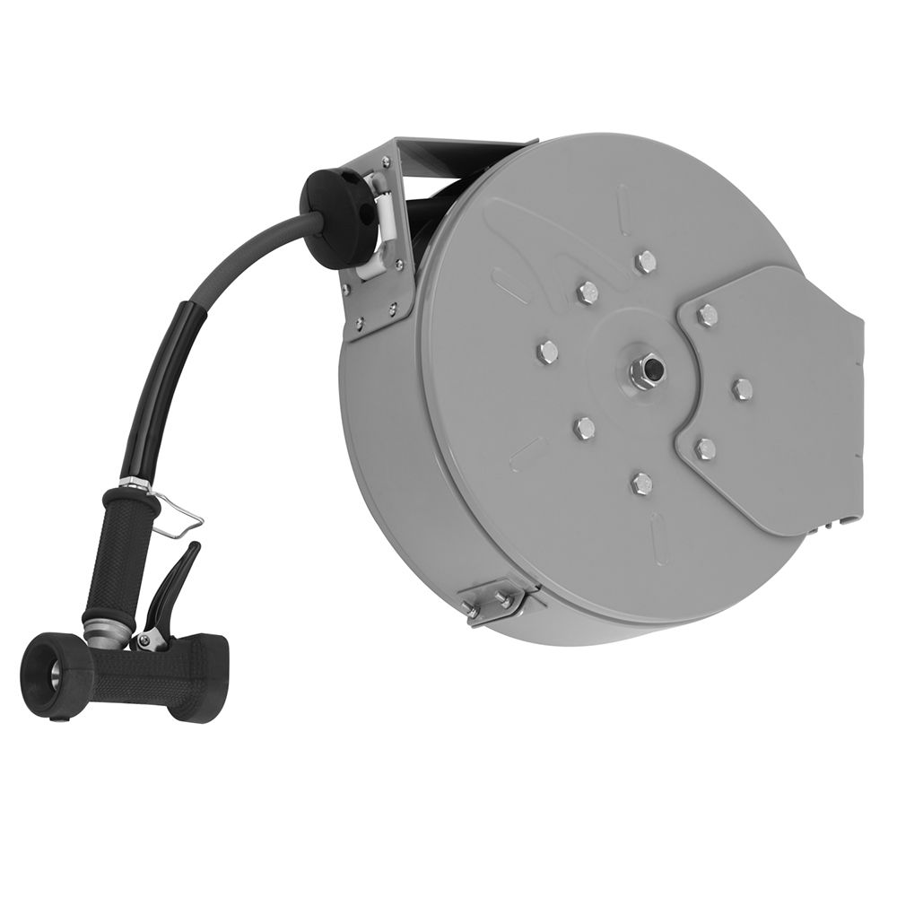 T&S Brass B-7222-C02 Enclosed Epoxy Coated Steel Hose Reel with Rear Trigger Water Gun, 3/8 ID x 30ft HD Hose