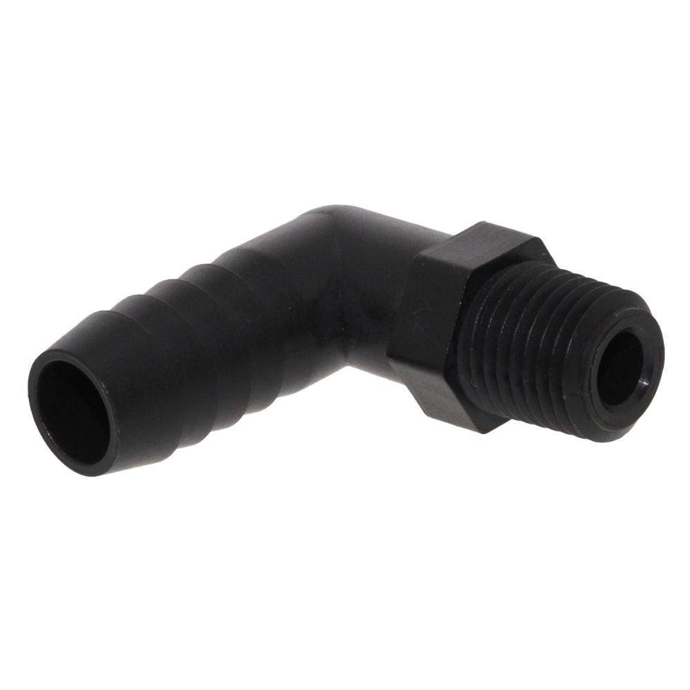 Male Elbow Barb x Male NPT - 3/8" HB x 1/4" MNPT - Black Polypropylene