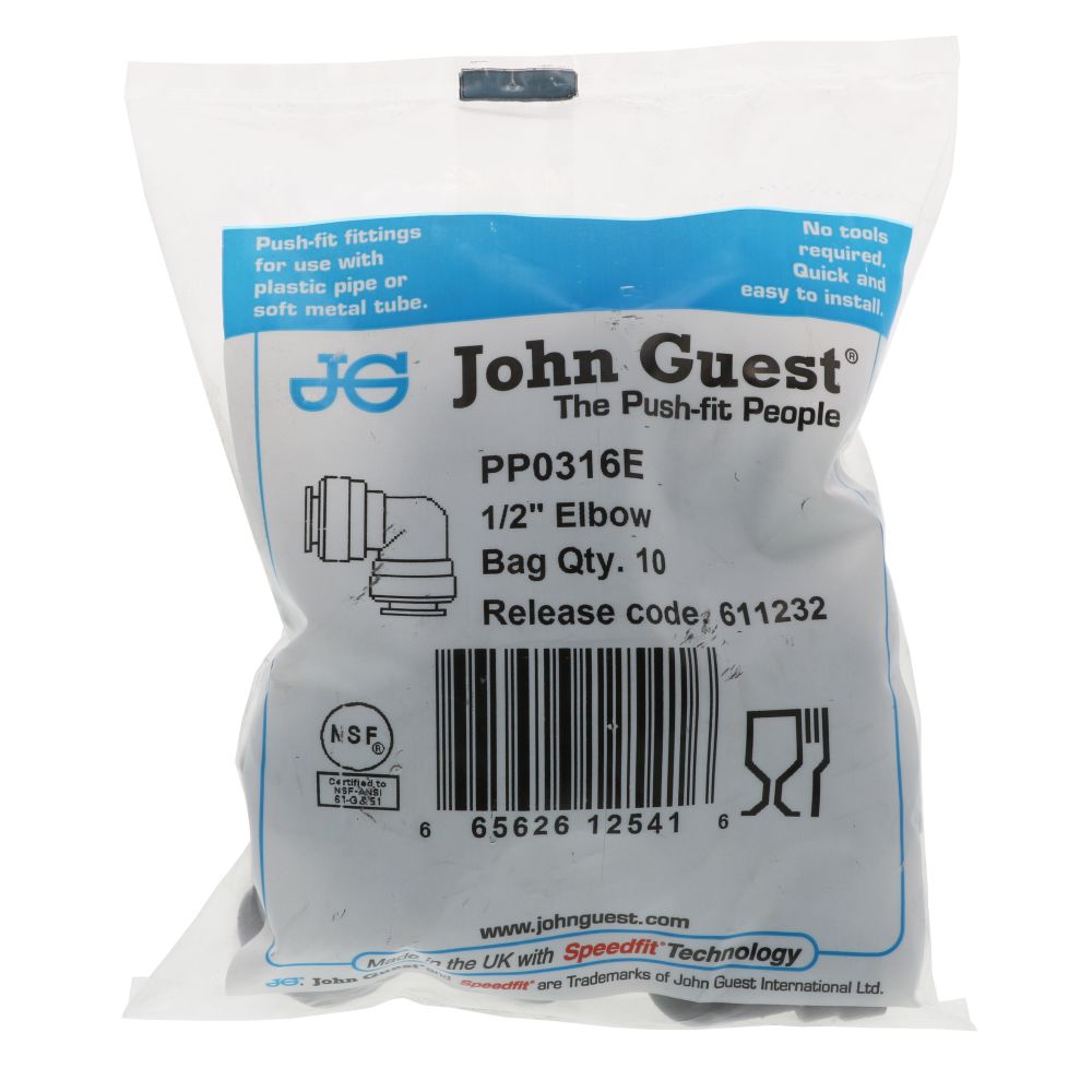 John Guest Union Elbow Black Polypropylene - 1/2