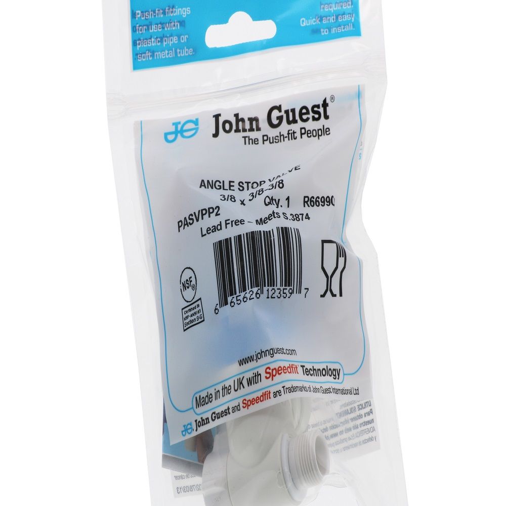 John Guest Plastic Angle Stop Adapter Valve Lead-Free - 3/8 x 3/8 x 3/8