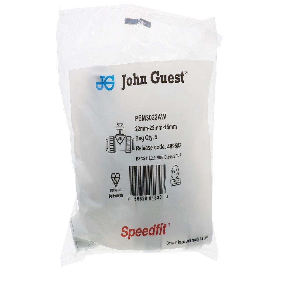 John Guest Reducing Tee - 22mm x 22mm x 15mm