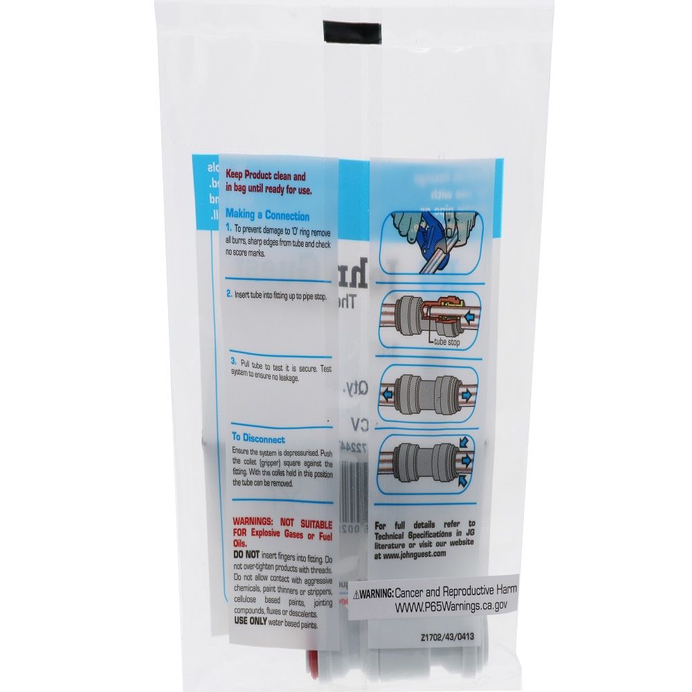 John Guest Check Valve - 3/8" 0.3 psi Crack Pressure