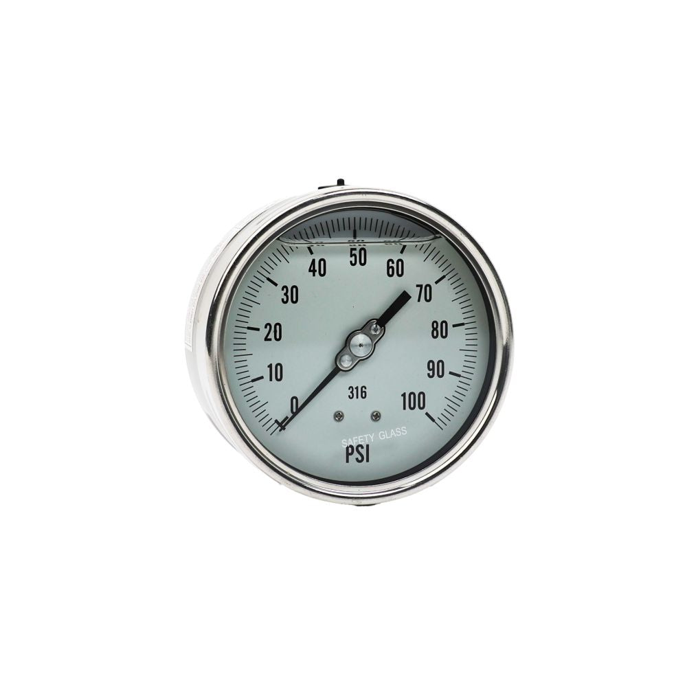 Water Pressure Gauge 100 PSI, 1/4" MPT, 4" Dial, Lower Back Mount, All SS