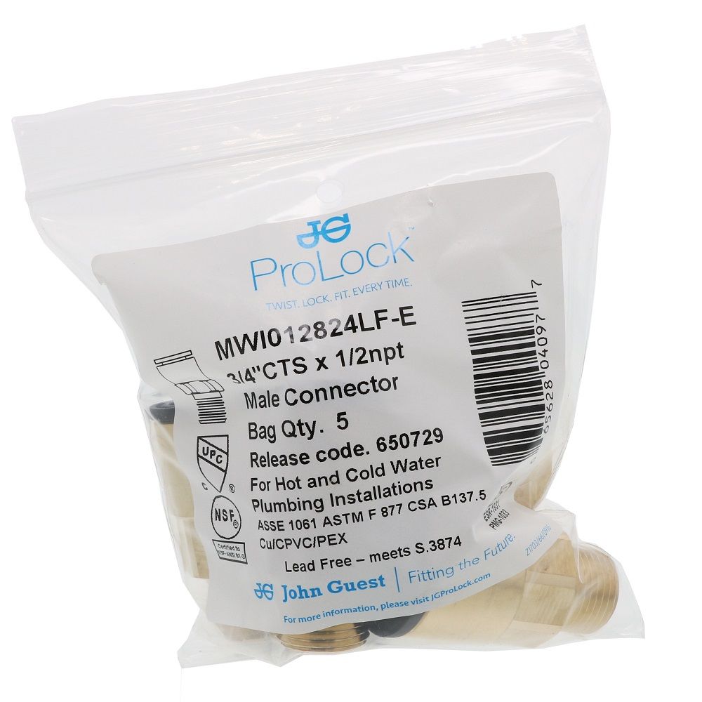 John Guest Lead-Free ProLock Brass Male Connector NPT - 3/4 CTS x 1/2 NPT