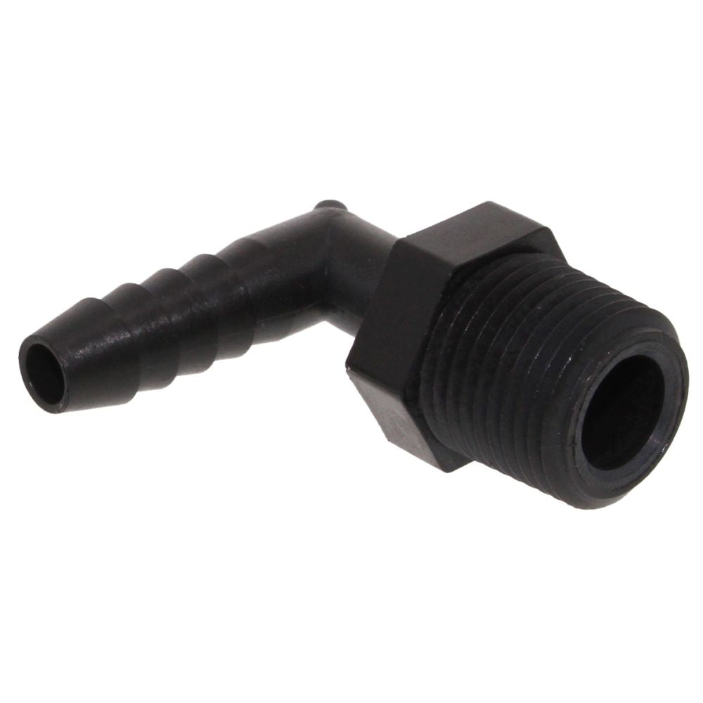Male Elbow Barb x Male NPT - 3/8" HB x 3/8" MNPT - Black Polypropylene