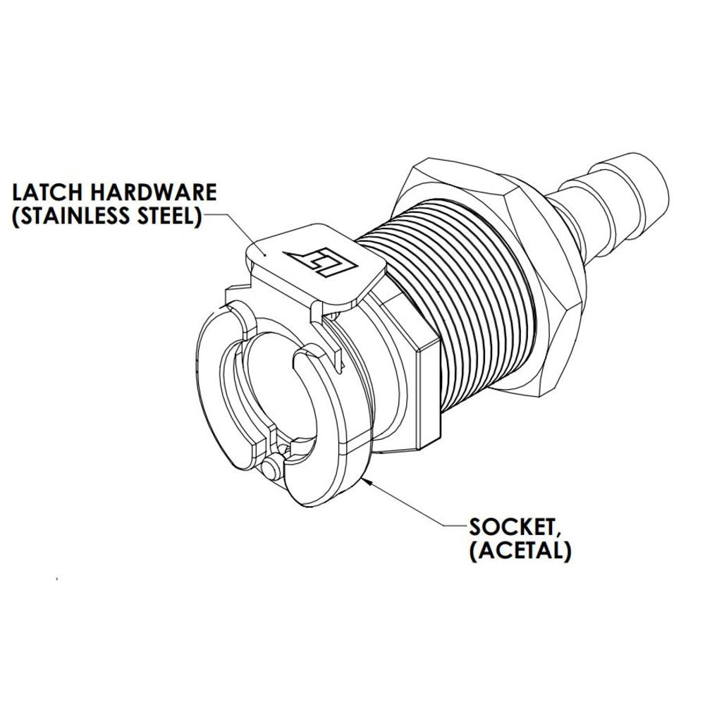 LinkTech 40AC Series Panel Mt. Female, Valved, 1/4" HB, Natural Acetal,