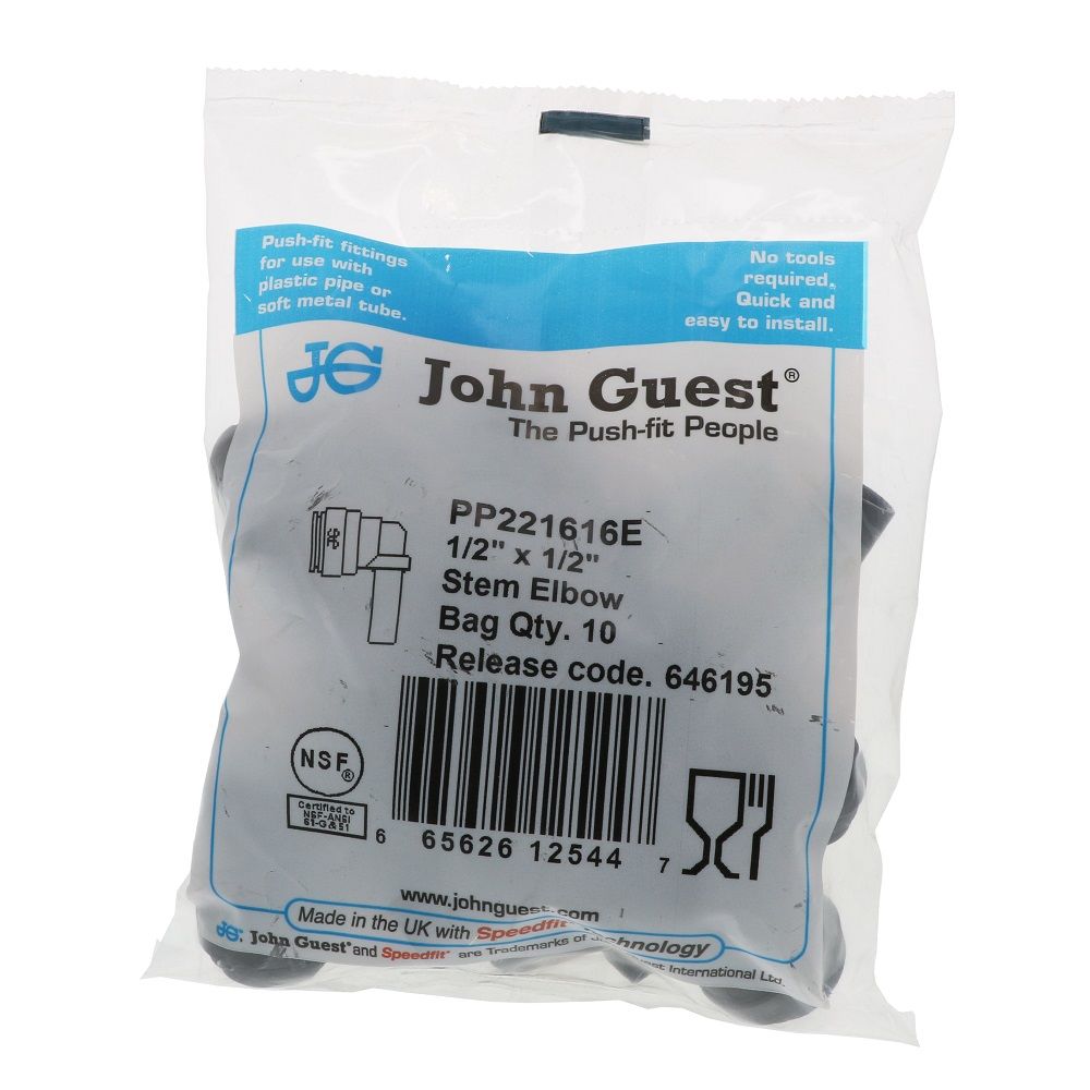John Guest Stem Elbow Connector Black Polypropylene - 1/2 Stem x 1/2