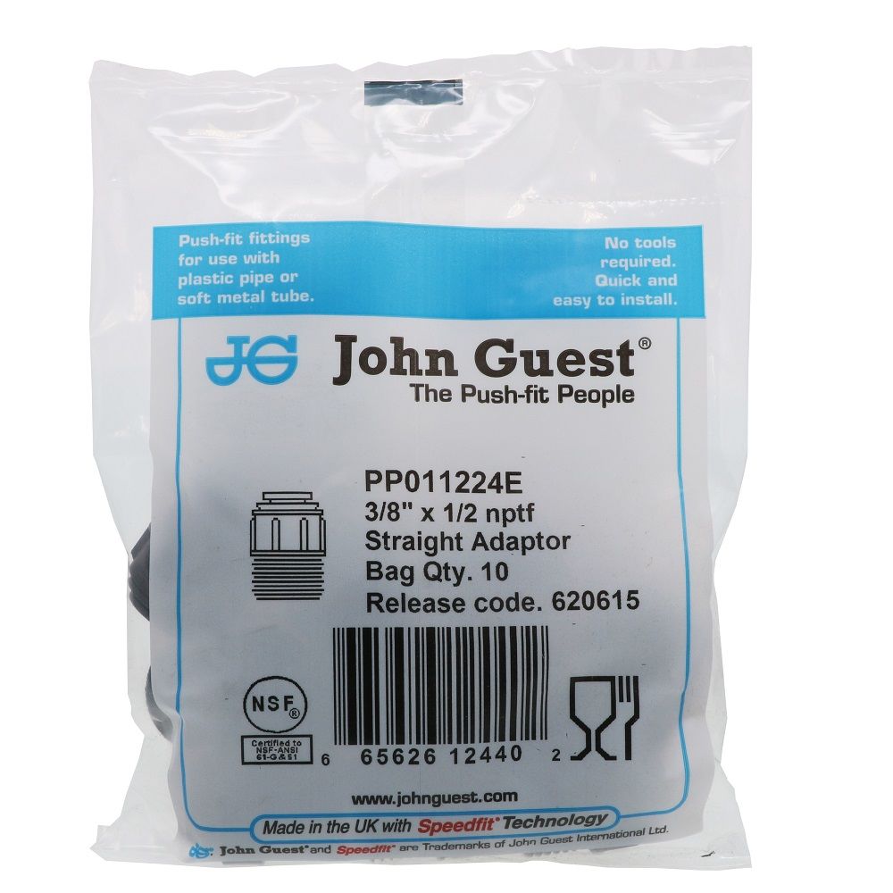 John Guest Male Connector NPTF Black Polypropylene - 3/8 x 1/2 NPTF