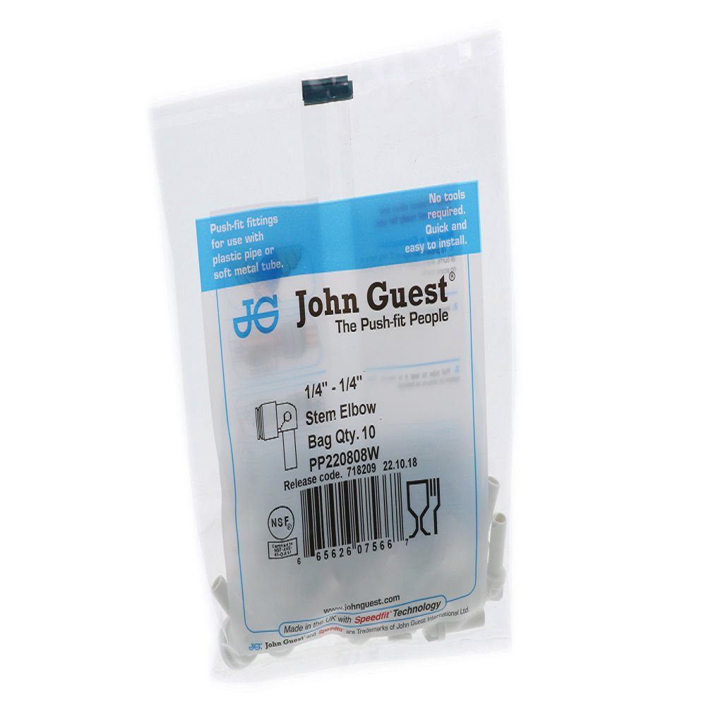 John Guest Stem Elbow Connector Polypro - 1/4 Stem x 1/4
