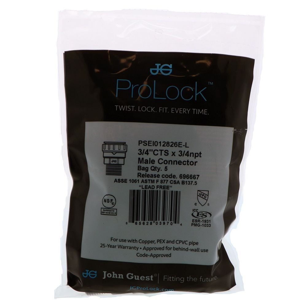 John Guest Black Male Connector - 3/4 CTS x 3/4 NPT