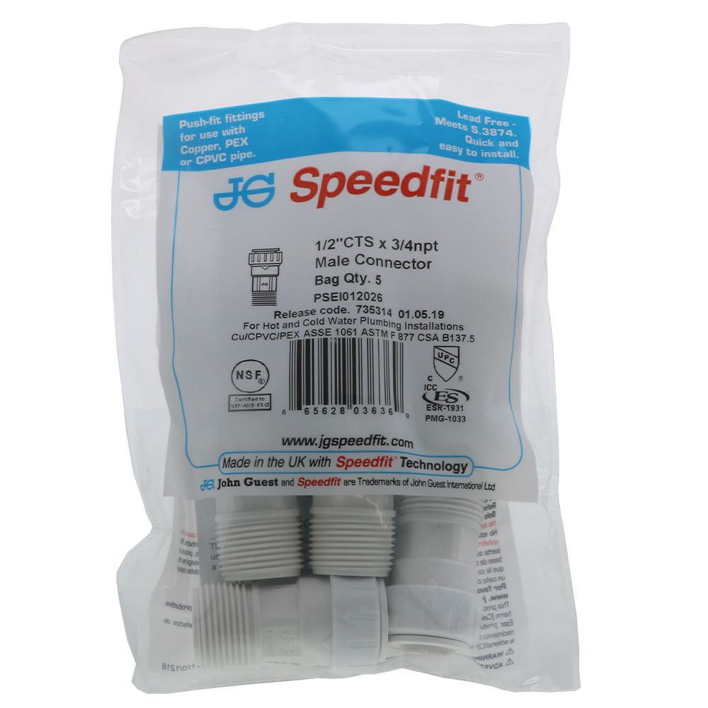 John Guest Male Connector PEX - 1/2 CTS x 3/4 NPT