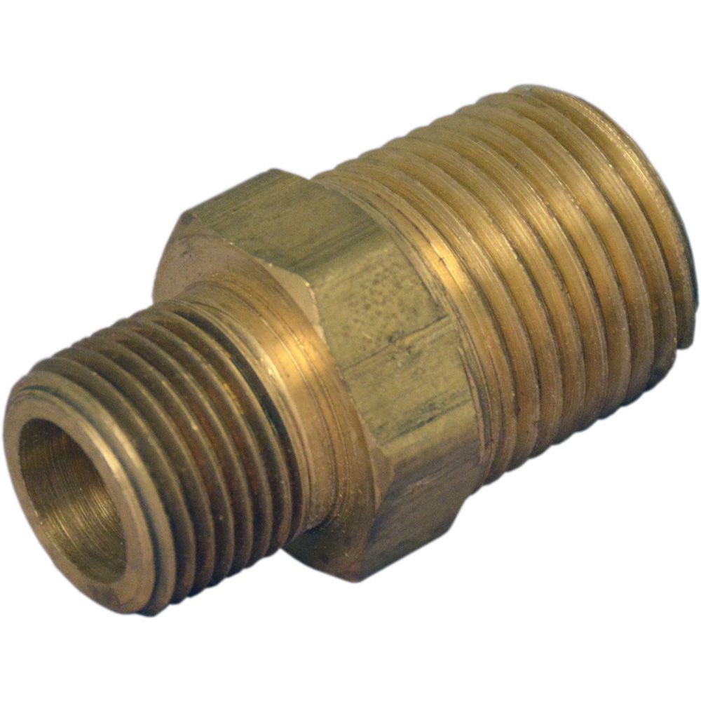 Brass Hex Reducing Nipple - 1/2 MNPT x 3/8 MNPT