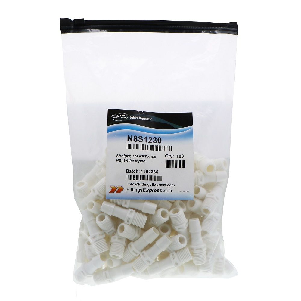 FitQuik Nylon Thread to Tube Straight Fitting - 1/4 NPT to 3/8 Hose Barb - White