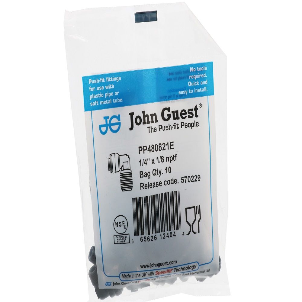 John Guest Fixed Elbow NPTF Black Polypropylene - 1/4 x 1/8 NPTF