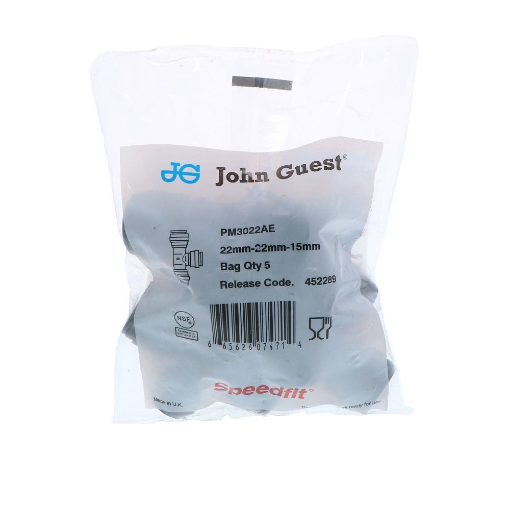 John Guest Reducing Tee BLACK ACETAL - 22mm x 22mm x 15mm