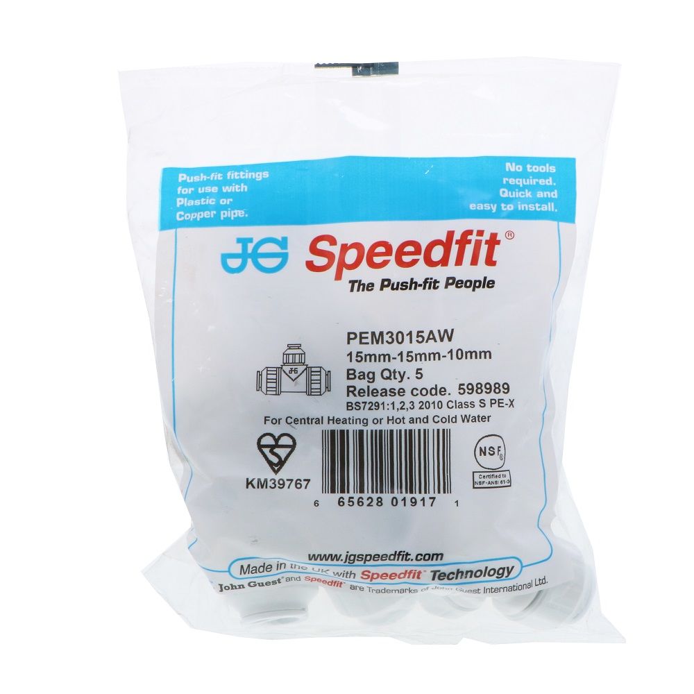 John Guest Reducing Tee - 15mm x 15mm x 10mm