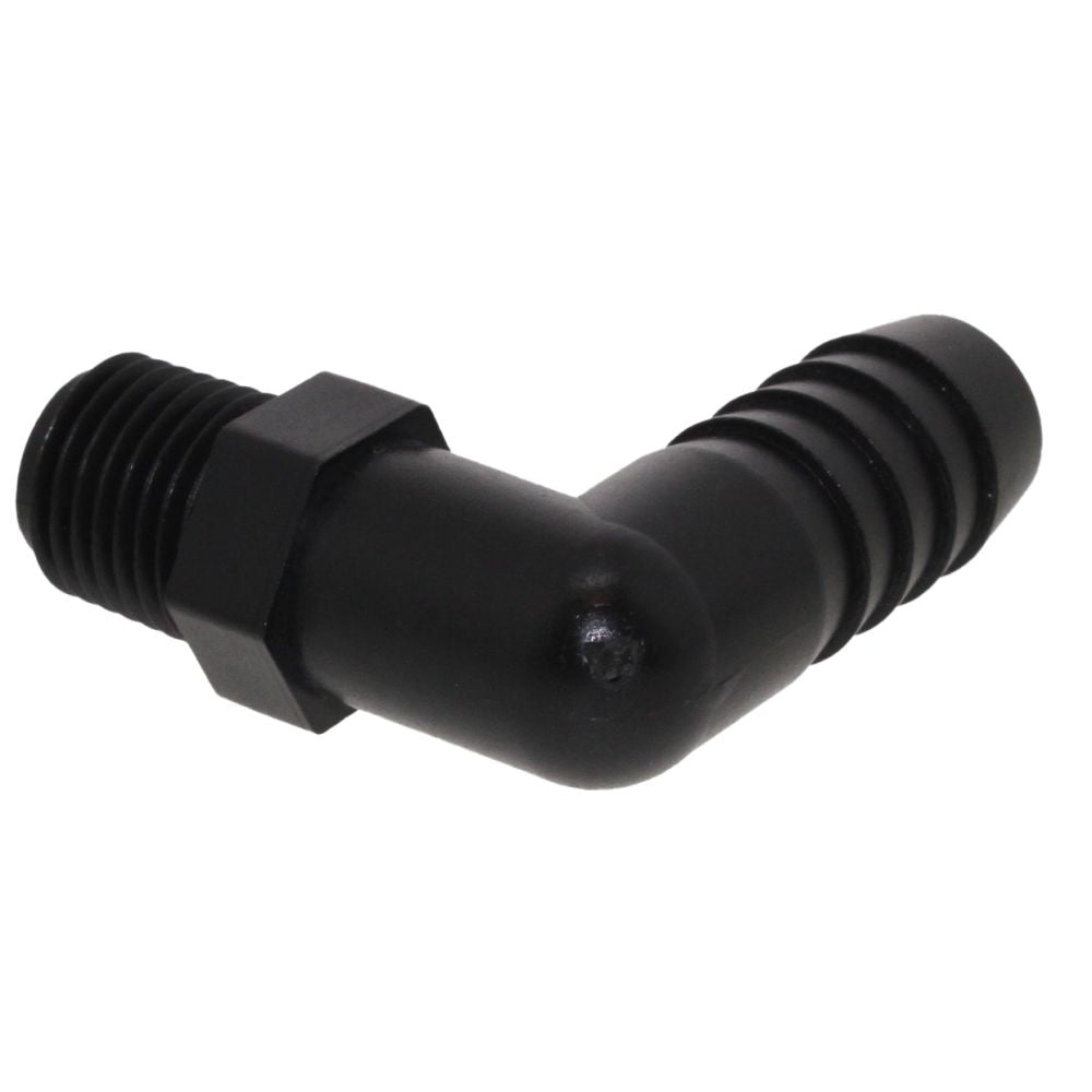 Male Elbow Barb x Male NPT - 3/8" HB x 1/4" MNPT - Black Polypropylene