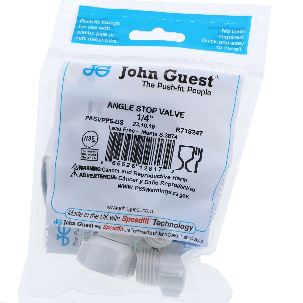 John Guest Plastic Angle Stop Adapter Valve Lead-Free - 3/8 x 1/2 x 1/4