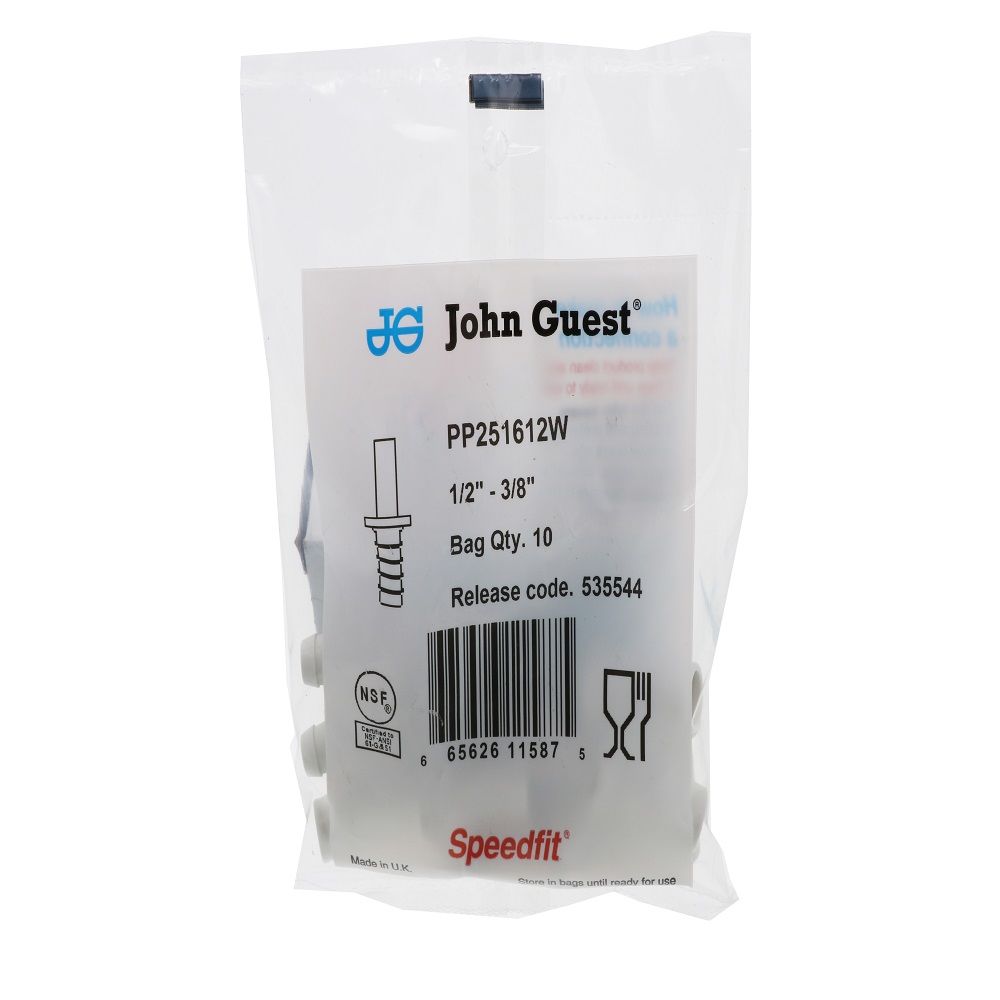 John Guest Polypro Tube to Hose Stem - 1/2 OD Stem x 3/8 ID Barb