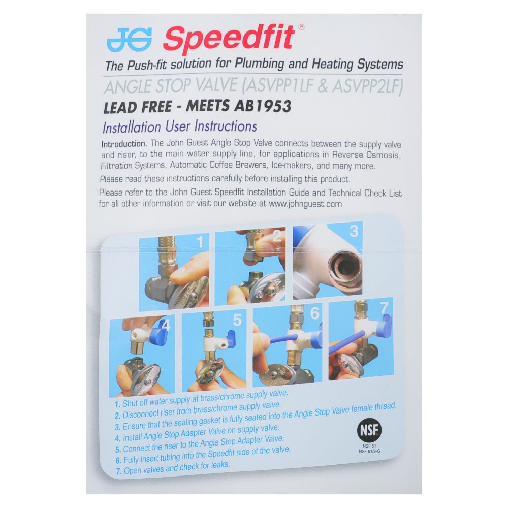 John Guest Angle Stop Adapter Valve Lead-Free - 1/2 x 3/8 x 1/4