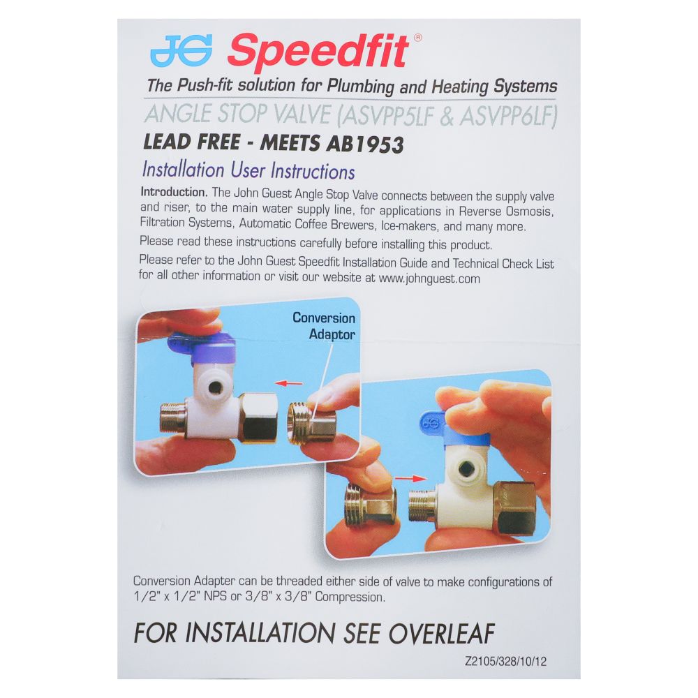 John Guest Angle Stop Adapter Valve Lead-Free - 1/2 x 3/8 x 1/4