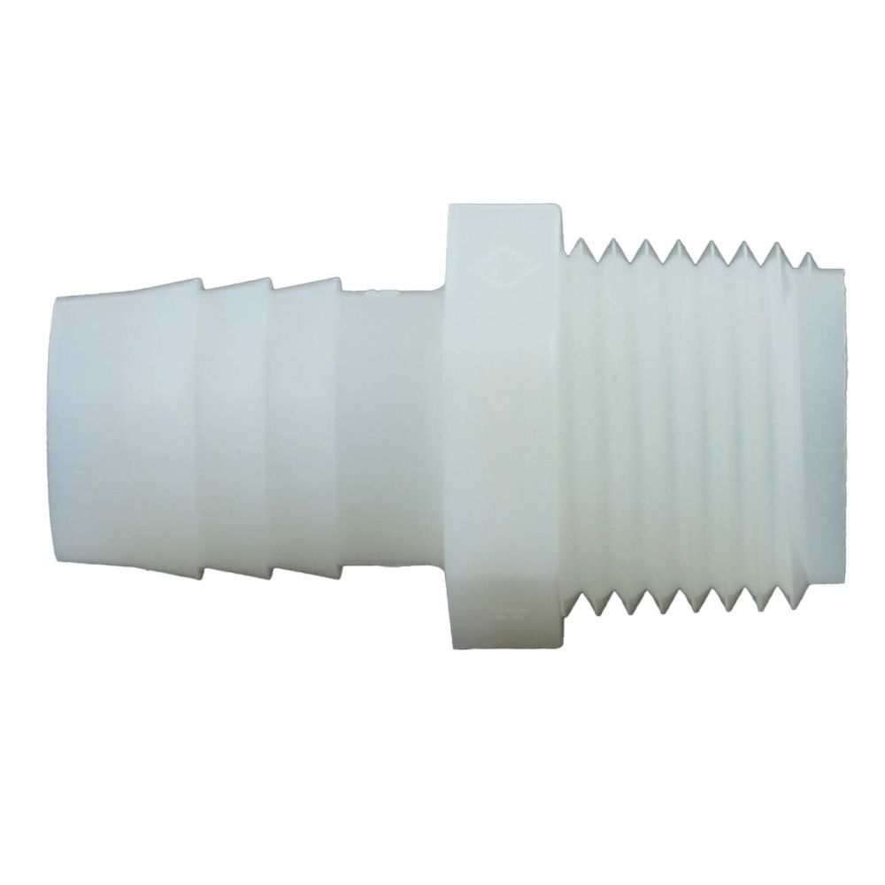 Male Barb Connector White Nylon - 5/8 ID Barb x 1/2 MNPT
