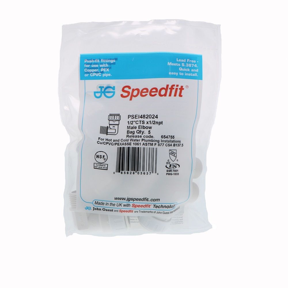 John Guest Male Fixed Elbow - 1/2 CTS x 1/2 NPT - White