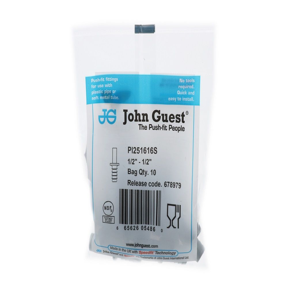 John Guest Stem Barb Connector - 1/2 OD Stem x 1/2 ID Barb