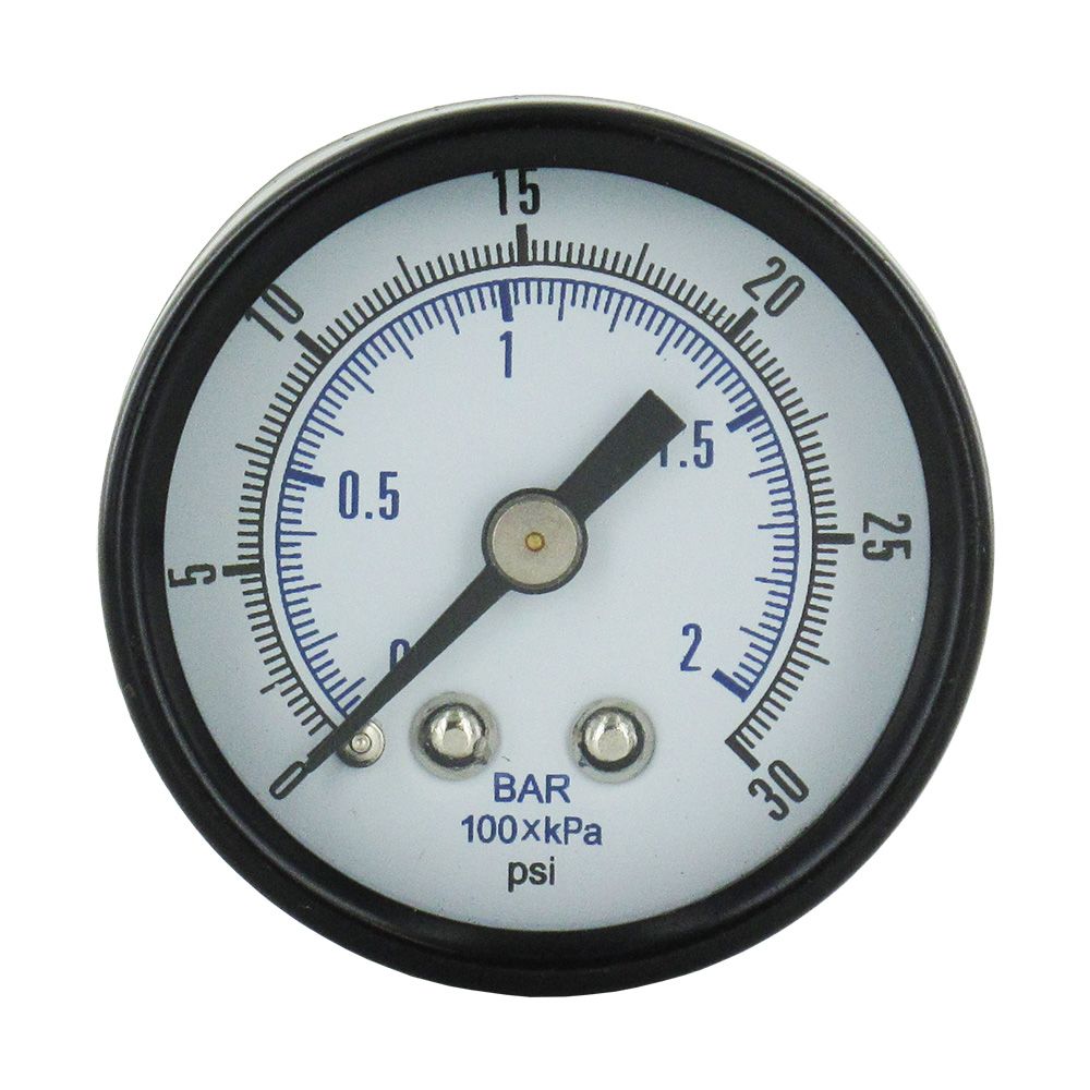 Water Pressure Gauge - 100 PSI, 1/8" MPT, 1.5" Glass Dial, Center Mount, Black Steel Case
