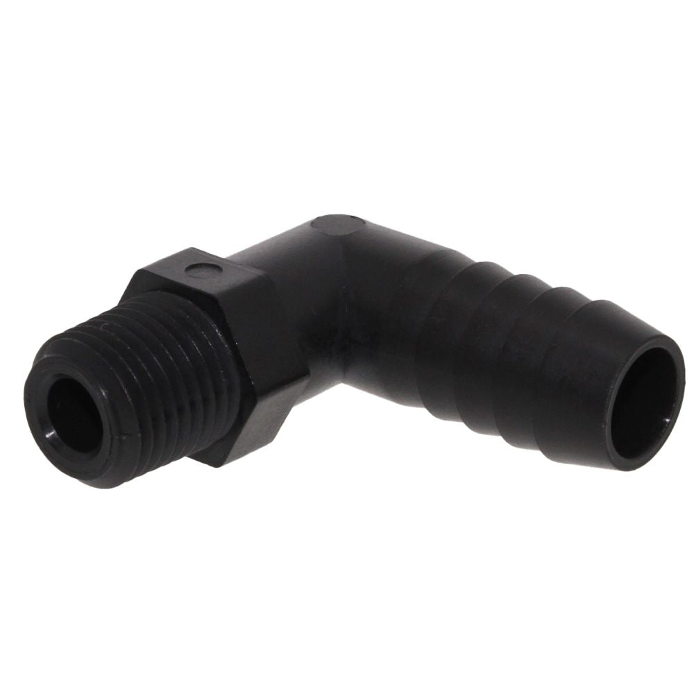 Male Elbow Barb x Male NPT - 1/2" HB x 3/8" MNPT - Black Polypropylene