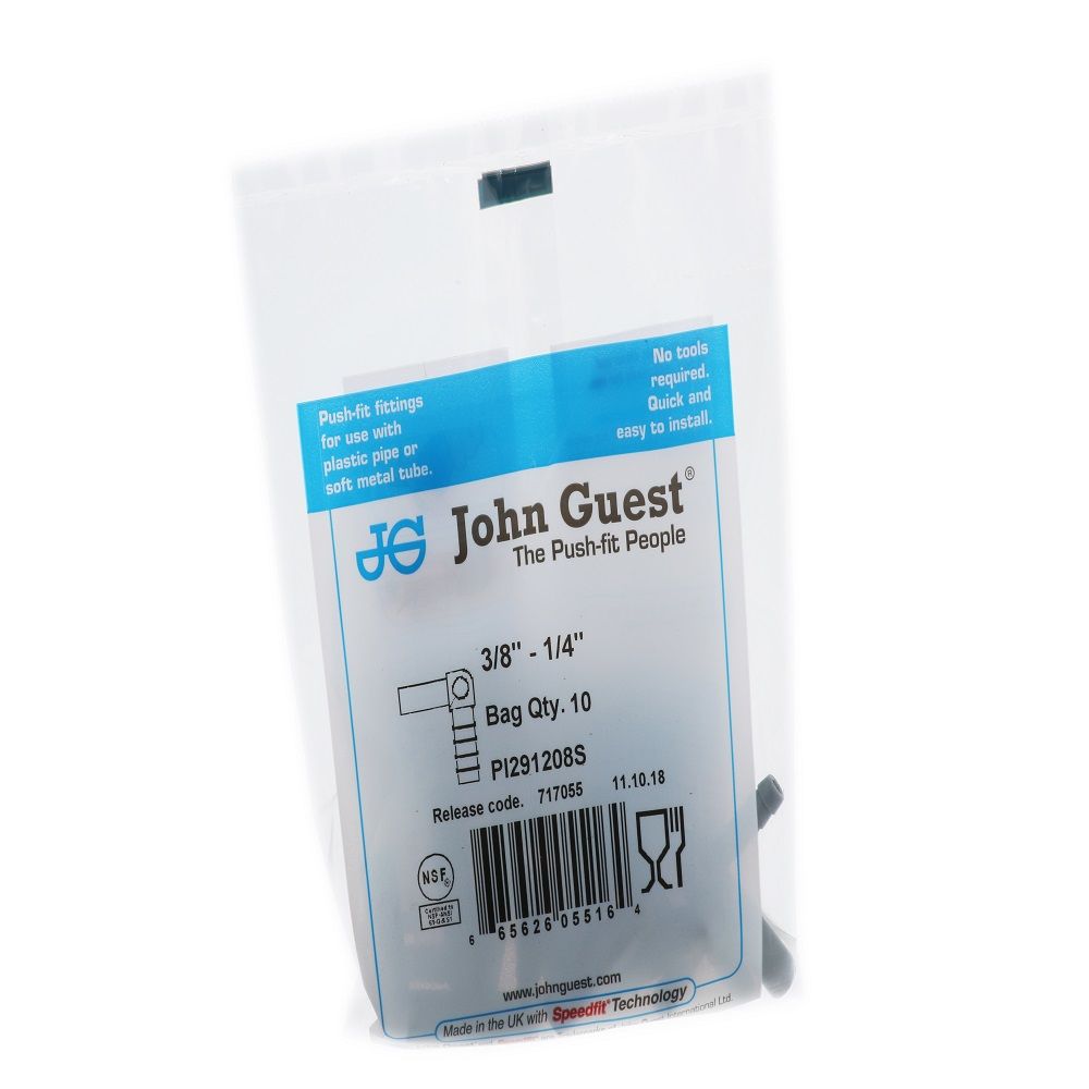 John Guest Stem Elbow Barb Connector - 3/8 OD Stem x 1/4 ID Barb