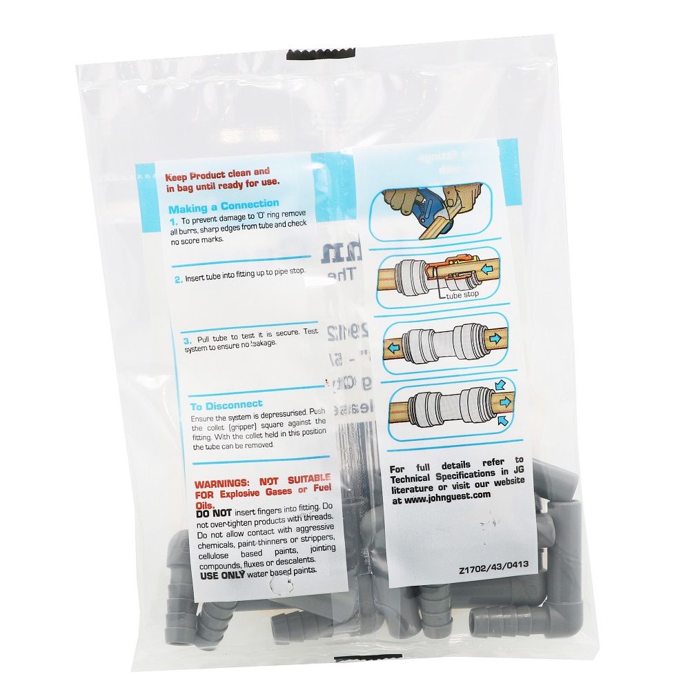 John Guest Stem Elbow Barb Connector - 3/8 OD Stem x 5/16 ID Barb