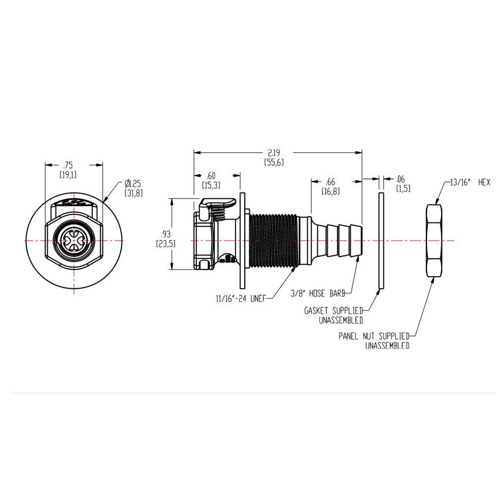 EFCD16612 Valved Panel Mount Hose Barb Coupling Body 3/8 ID Barb