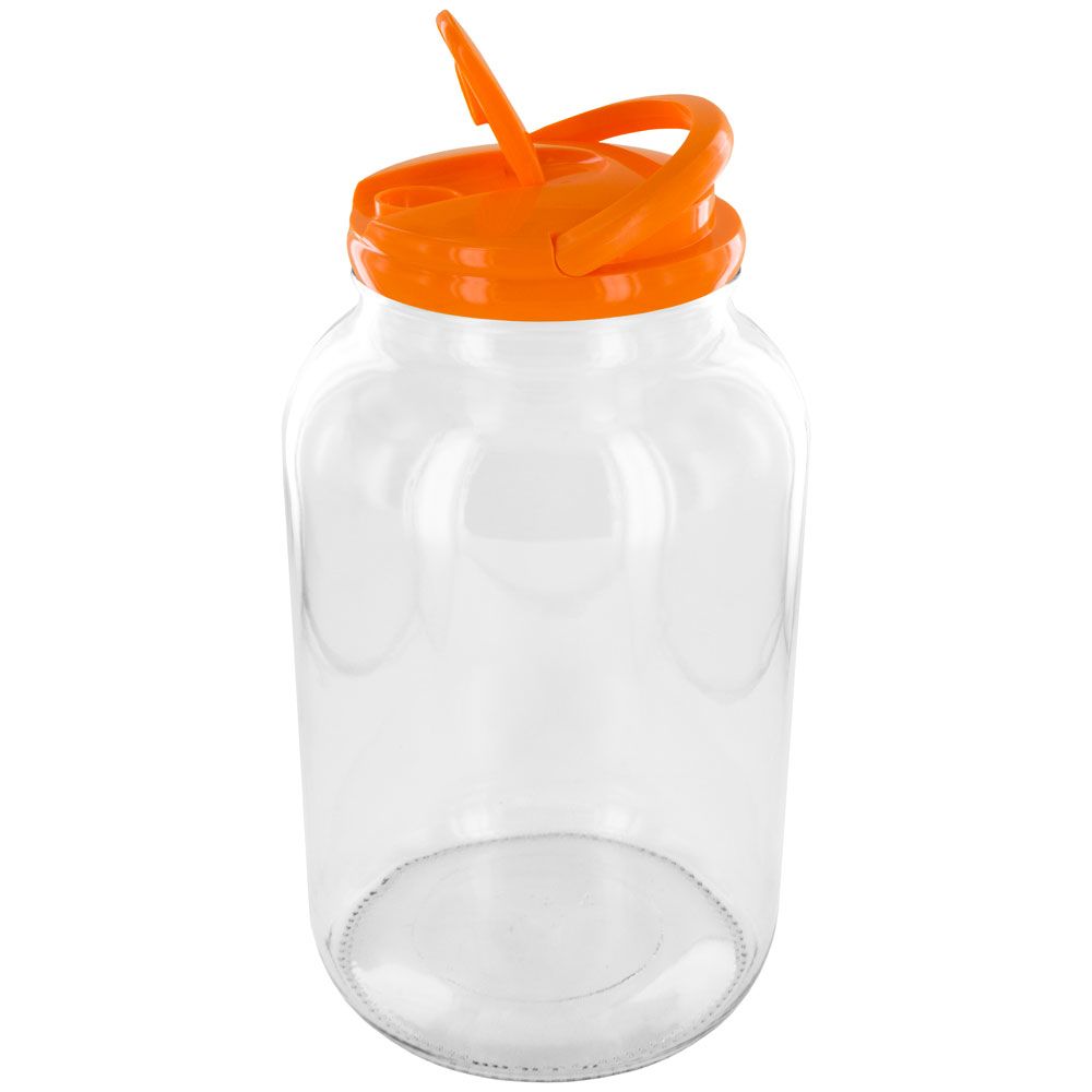 Glass Jar 1 GAL Wide Mouth Flint w/ Pour Lid and Handle - Orange Dome Lids