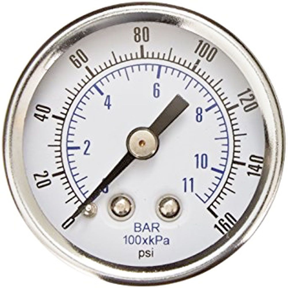 Water Pressure Gauge 160 PSI, 1/8" MPT, 1.5" Glass Dial, Center Mount, Stainless Steel Case