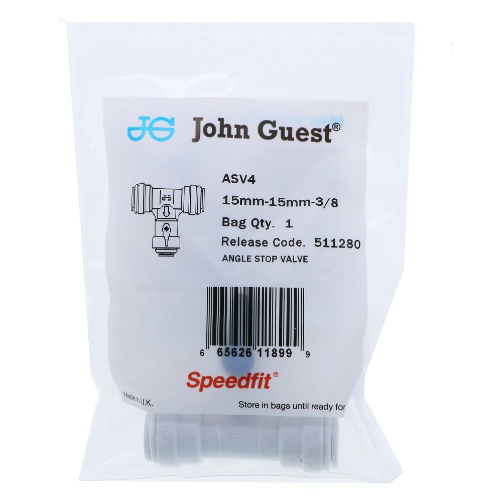John Guest Acetal Angle Stop Valve w/Check Valve - 15mm x 15mm x 3/8"