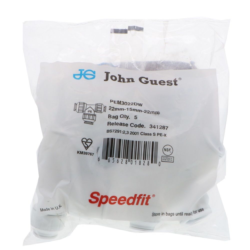 John Guest Reducing Tee - 22mm x 15mm x 22mm