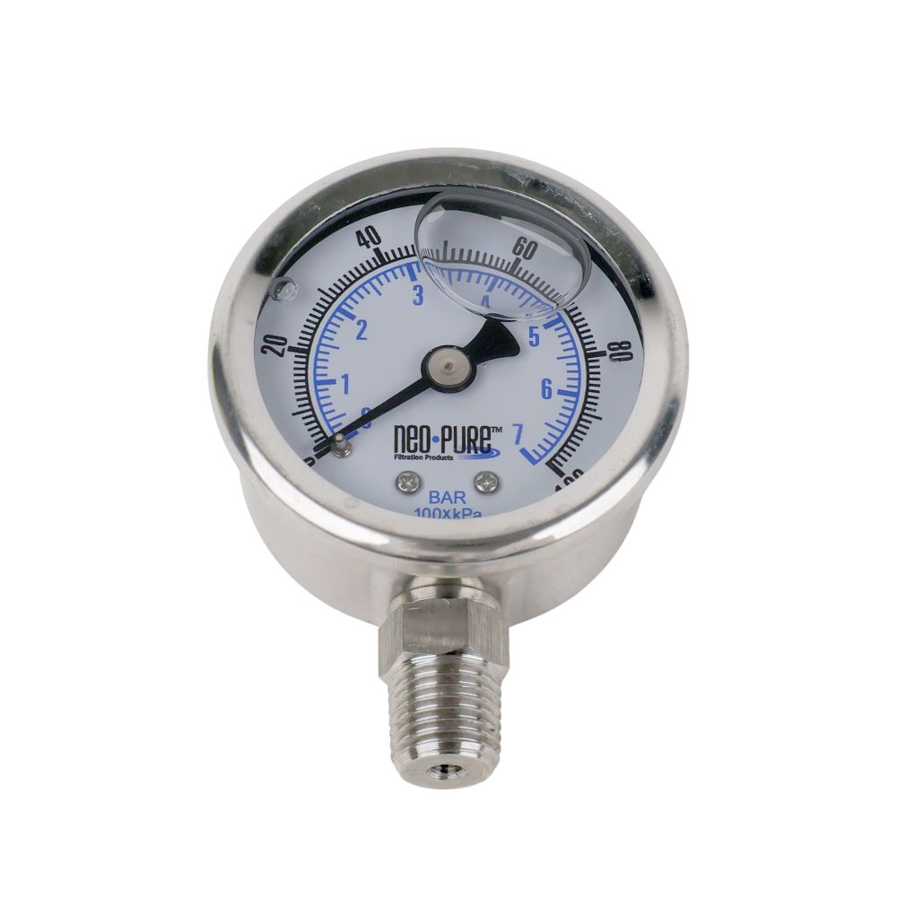 Water Pressure Gauge 100 PSI, 1/4" MPT, 2.0" Plastic Dial, Lower Mount, SS Case