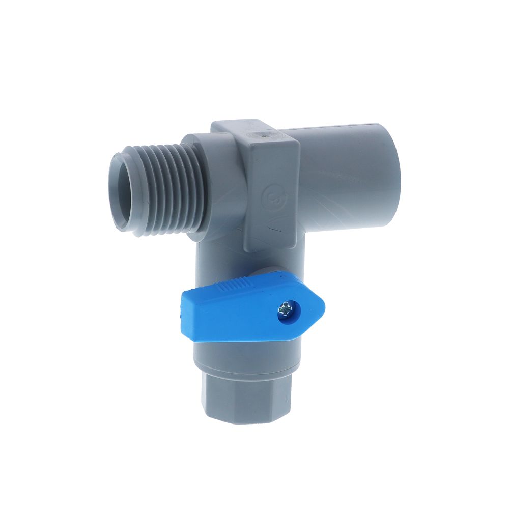 Three-Way PVC Ball Valve - 1/2" FPT x 1/2" MPT run x 1/4" FPT Branch