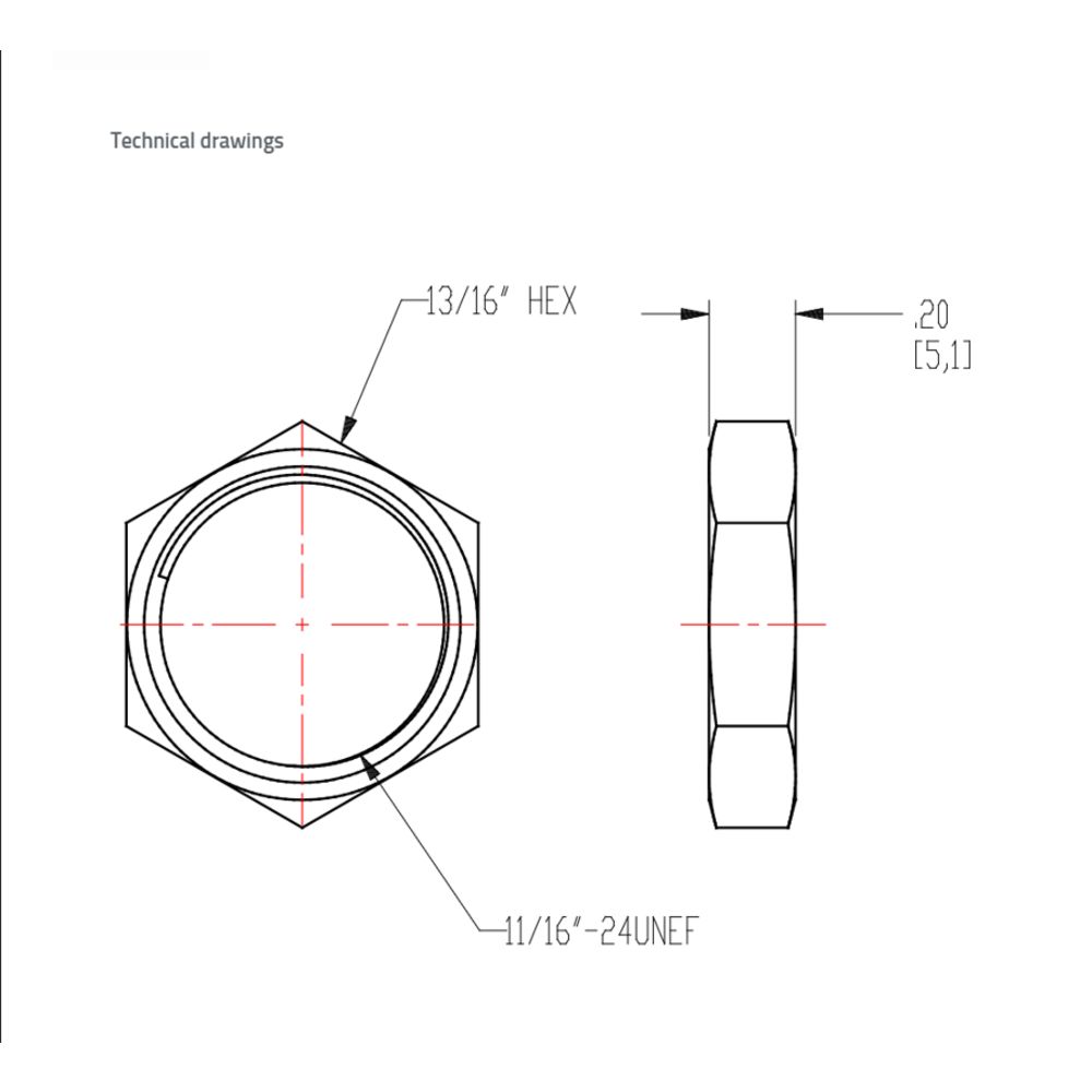 Panel Nut 13/16 Hex x 11/16-24 UNEF Thread - Nickel Brass