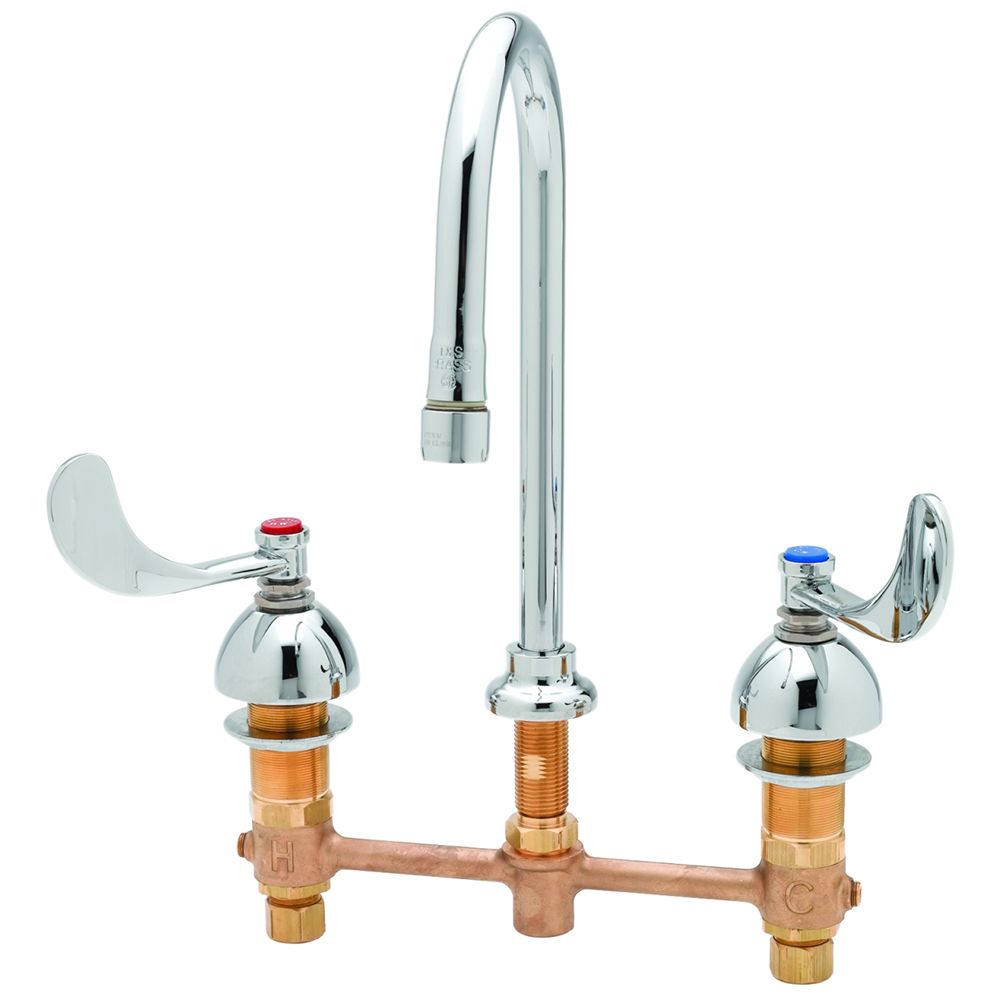 T&S Brass B-2867-04 Medical Lavatory Faucet,Medical Faucet, 8" Deck Mount, Concealed Body, Rigid Gooseneck, Wrist Action Handles
