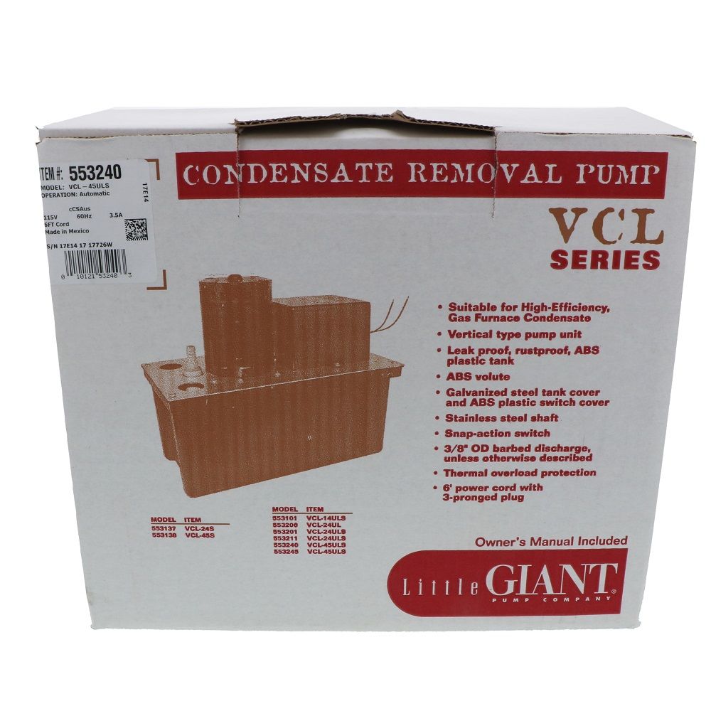 Little Giant VCL-45ULS Automatic Condensate Removal Pump 1/5 HP