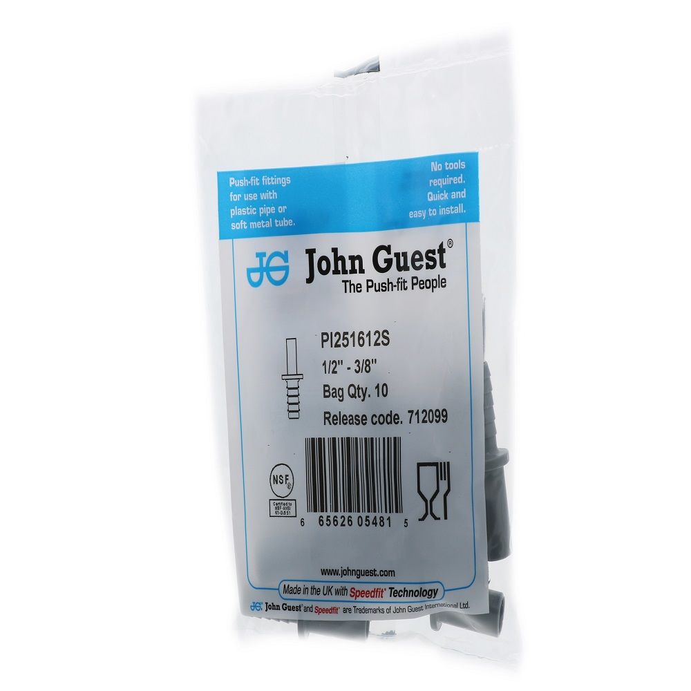 John Guest Stem Barb Connector - 1/2 OD Stem x 3/8 ID Barb